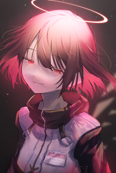 Anime-Bild 1674x2491 mit arknights exusiai (arknights) fujie-yz single tall image fringe short hair simple background smile hair between eyes red eyes upper body red hair blurry floating hair looking down portrait glow popped collar single wing