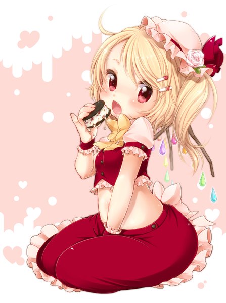 Anime picture 2000x2681 with touhou flandre scarlet yukiu con single tall image looking at viewer blush highres short hair open mouth blonde hair red eyes sitting teeth midriff loli fang (fangs) one side up eating girl