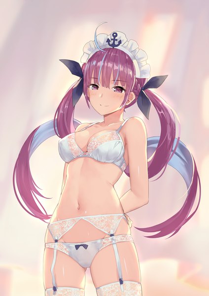 Anime picture 1240x1753 with virtual youtuber hololive minato aqua musynexsk single long hair tall image looking at viewer blush fringe breasts light erotic hair between eyes standing purple eyes bare shoulders purple hair ahoge blunt bangs braid (braids)