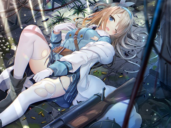 Anime-Bild 1200x900 mit girls frontline suomi kp31 (girls frontline) yano mitsuki single long hair looking at viewer blush fringe breasts open mouth blue eyes light erotic blonde hair hair between eyes lying long sleeves one eye closed off shoulder on back one side up