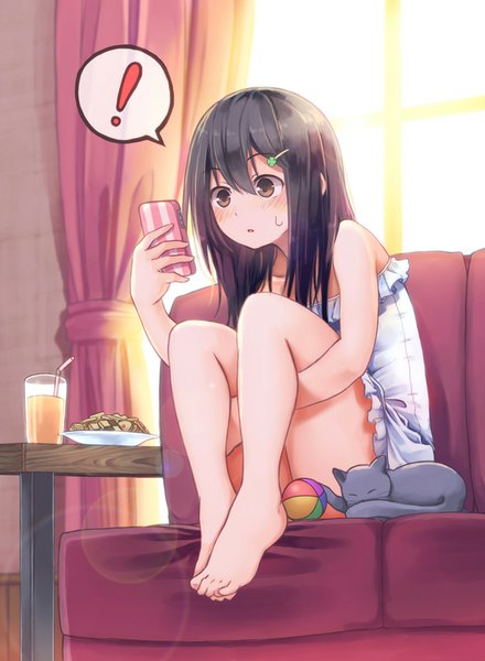 Anime picture 600x818 with original niichi (komorebi-palette) long hair tall image blush fringe open mouth light erotic black hair sitting bare shoulders brown eyes looking away bent knee (knees) indoors lying barefoot sunlight bare legs no shoes