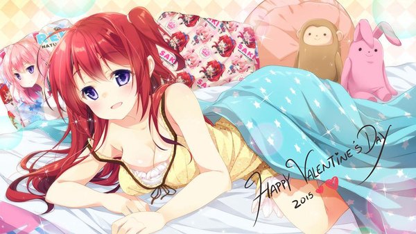 Anime picture 960x540 with original mocha (naturefour) single long hair looking at viewer blush open mouth blue eyes wide image red hair one side up valentine girl toy stuffed animal nightie