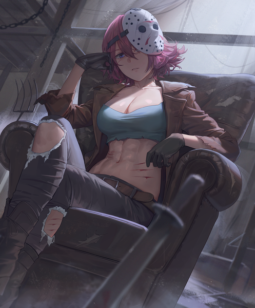Anime picture 5000x6038 with friday the 13th jason vorhees free style (yohan1754) single tall image looking at viewer fringe highres short hair breasts light erotic hair between eyes large breasts sitting purple eyes payot pink hair absurdres cleavage indoors