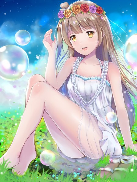 Anime picture 900x1200 with love live! school idol project sunrise (studio) love live! minami kotori konka single long hair tall image looking at viewer light erotic brown hair sitting yellow eyes hair flower bare legs one side up girl dress flower (flowers) bubble (bubbles)