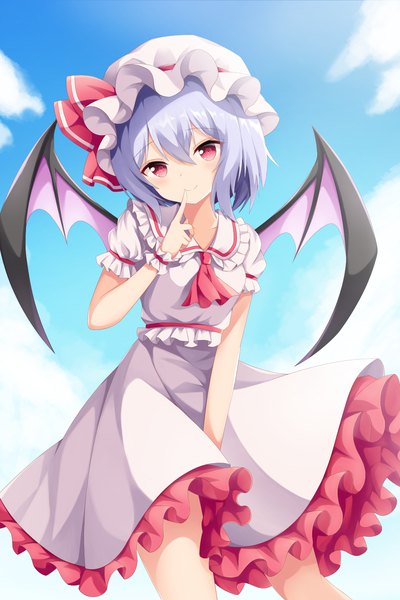 Anime picture 1000x1500 with touhou remilia scarlet yasuharasora single tall image looking at viewer fringe short hair hair between eyes red eyes blue hair sky cloud (clouds) frilled dress bat wings girl dress hat wings frills