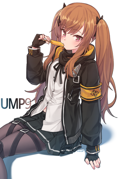Anime picture 1200x1800 with girls frontline ump9 (girls frontline) funako (newggo) single long hair tall image blush simple background brown hair white background sitting twintails payot pink eyes arm support girl gloves pantyhose food sweets