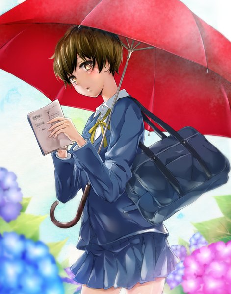 Anime picture 1467x1870 with bokura wa minna kawaisou brains base (studio) kawai ritsu conone single tall image looking at viewer blush short hair brown hair brown eyes girl skirt uniform flower (flowers) school uniform book (books) umbrella school bag hydrangea