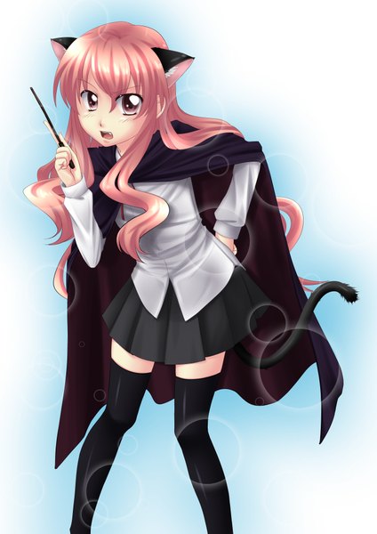 Anime picture 2894x4093 with zero no tsukaima j.c. staff louise francoise le blanc de la valliere komayan single long hair tall image blush highres open mouth animal ears pink hair pink eyes cat ears teeth cat girl cat tail fang (fangs) girl thighhighs