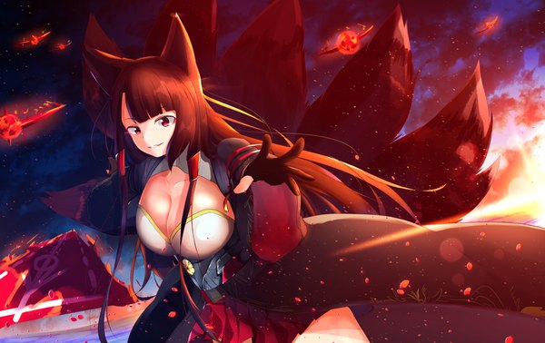 Anime picture 3800x2400 with azur lane akagi (azur lane) sanasedayo single long hair looking at viewer fringe highres breasts light erotic smile red eyes brown hair large breasts animal ears payot absurdres cleavage cloud (clouds) tail