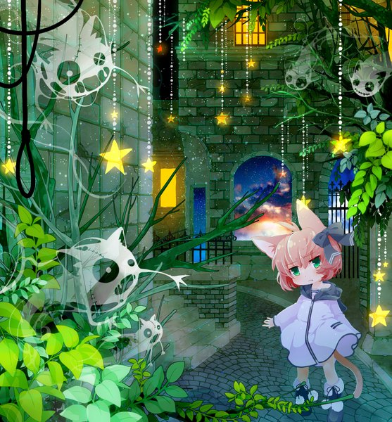Anime picture 1670x1800 with original moonyan single tall image green eyes animal ears pink hair sky ahoge tail ghost bow plant (plants) boots window star (symbol) star (stars) stairs child (children)
