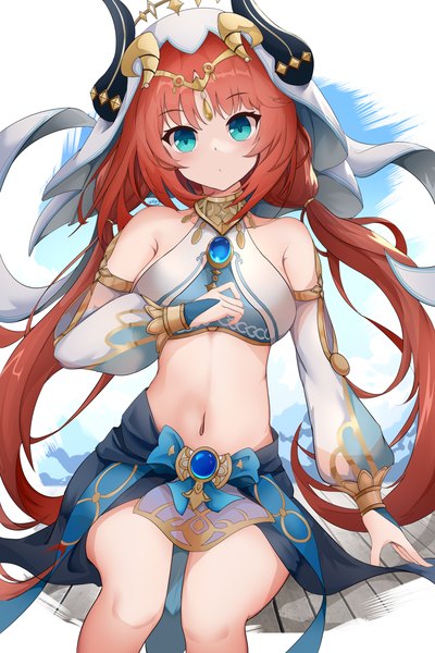 Anime picture 3000x4500 with genshin impact nilou (genshin impact) connexion single long hair tall image looking at viewer fringe highres light erotic simple background white background sitting twintails bare shoulders red hair blunt bangs long sleeves head tilt horn (horns)