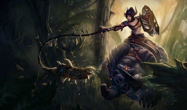 Anime picture 1215x717 with league of legends sejuani (league of legends) single brown hair wide image horn (horns) teeth fang (fangs) girl animal tree (trees) forest shield mace jungle