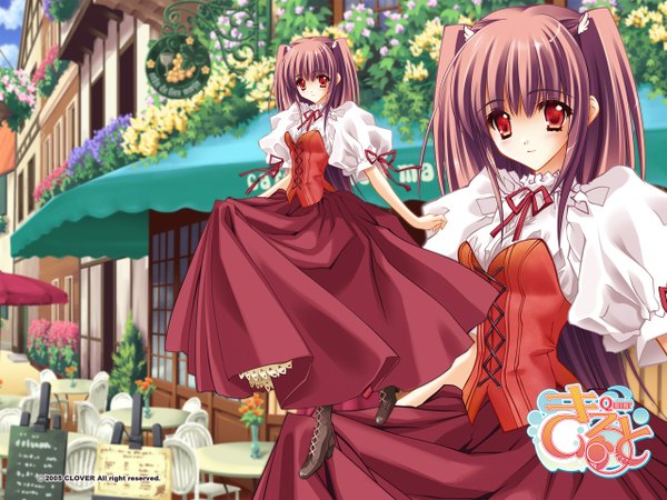 Anime picture 1280x960 with quilt (game) airi (quilt) carnelian single long hair looking at viewer blush fringe red eyes light smile girl dress flower (flowers) ribbon (ribbons) boots corset cafe