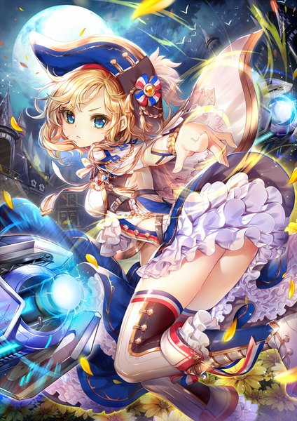 Anime picture 800x1131 with moeoh ex napoleon (moeoh ex) centipede (whale2011) single tall image looking at viewer blush short hair blue eyes blonde hair cloud (clouds) bent knee (knees) looking back night official art from below leaning zettai ryouiki leaning forward night sky