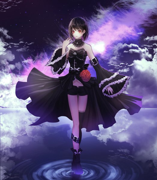 Anime picture 3484x4000 with original domi (hyaku8795) single tall image looking at viewer blush fringe highres short hair black hair red eyes standing bare shoulders absurdres cloud (clouds) full body night wide sleeves night sky thigh gap
