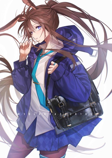 Anime picture 2976x4209 with arknights amiya (arknights) yolanda single long hair tall image looking at viewer fringe highres blue eyes simple background hair between eyes brown hair standing white background holding signed animal ears payot ponytail