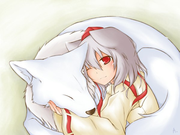 Anime picture 1024x768 with touhou inubashiri momiji red eyes animal ears silver hair wolf ears girl wolf adolsunny