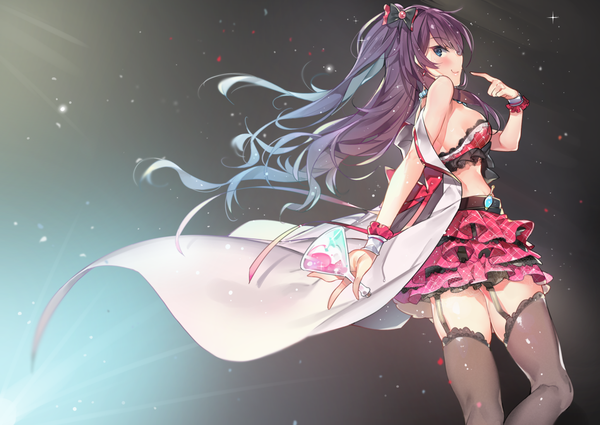 Anime picture 1550x1098 with idolmaster idolmaster cinderella girls ichinose shiki yuran (cozyquilt) single long hair blush blue eyes light erotic smile purple hair looking back two side up dark background mystic elixir girl thighhighs dress bow black thighhighs