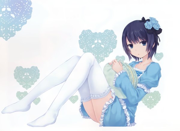 Anime picture 2658x1945 with coffee-kizoku single looking at viewer highres short hair blue eyes black hair sitting hair flower scan no shoes girl thighhighs dress hair ornament flower (flowers) white thighhighs frills heart pillow