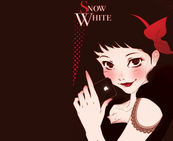 Anime picture 1360x1114 with snow white and the seven dwarfs snow white angela vianello single long hair looking at viewer blush fringe brown hair holding brown eyes light smile lipstick dark background pale skin polka dot brown background polka dot background bow hair bow