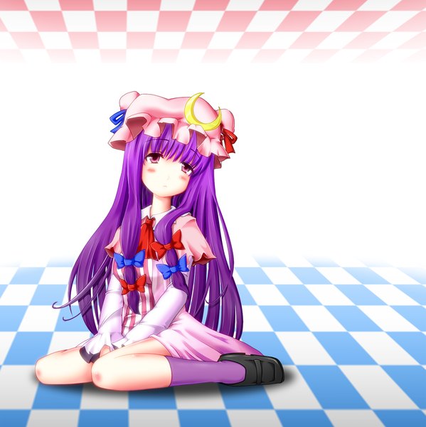 Anime picture 1500x1504 with touhou patchouli knowledge blush purple eyes purple hair checkered floor girl ribbon (ribbons) hat