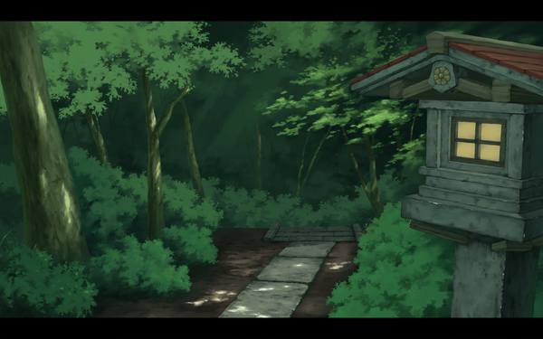 Anime picture 1920x1200 with original sasaj highres sunlight letterboxed no people sunbeam scenic plant (plants) tree (trees) forest lantern path