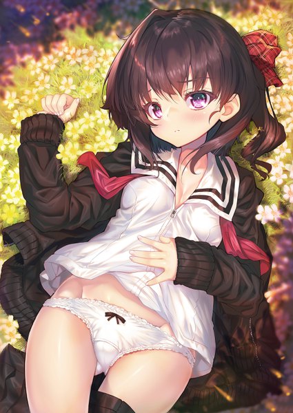 Anime picture 1952x2756 with original tonchan single tall image looking at viewer blush fringe highres short hair breasts light erotic hair between eyes brown hair purple eyes cleavage outdoors lying parted lips fingernails open clothes