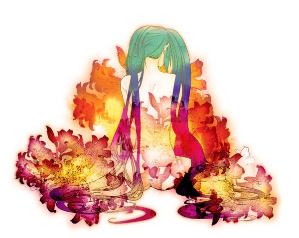 Anime picture 1253x1000 with vocaloid hatsune miku kondoru single long hair light erotic sitting very long hair multicolored hair nude from behind back girl flower (flowers)
