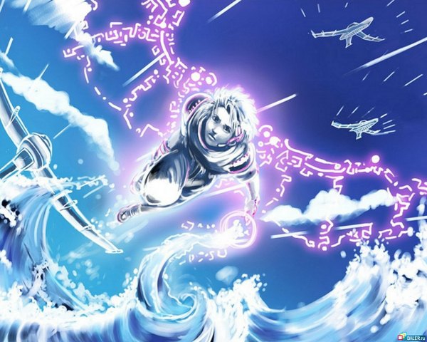 Anime picture 1280x1024 with sky magic flying boy wings water aircraft airplane wave (waves)