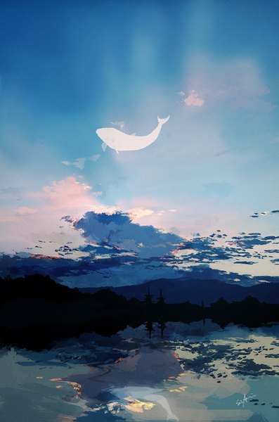 Anime picture 800x1207 with original parel (artist) tall image sky cloud (clouds) shadow reflection no people scenic plant (plants) animal tree (trees) water whale