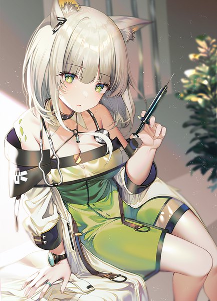 Anime picture 800x1107 with arknights kal'tsit (arknights) kinty single long hair tall image looking at viewer blush fringe breasts open mouth sitting bare shoulders holding green eyes animal ears payot cleavage silver hair indoors