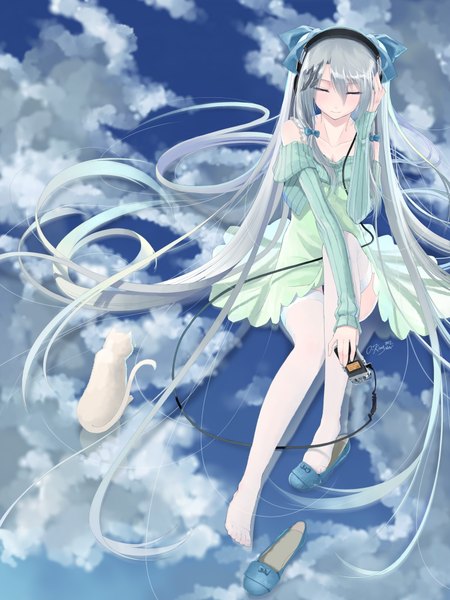 Anime picture 1500x2000 with original okingjo single tall image cloud (clouds) white hair eyes closed very long hair girl thighhighs dress bow hair bow detached sleeves white thighhighs headphones cat digital media player