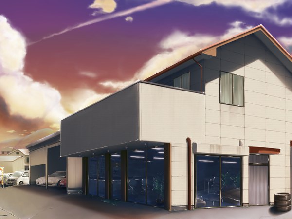 Anime picture 1600x1200 with original suzuriri sky cloud (clouds) no people street building (buildings) ground vehicle car house road