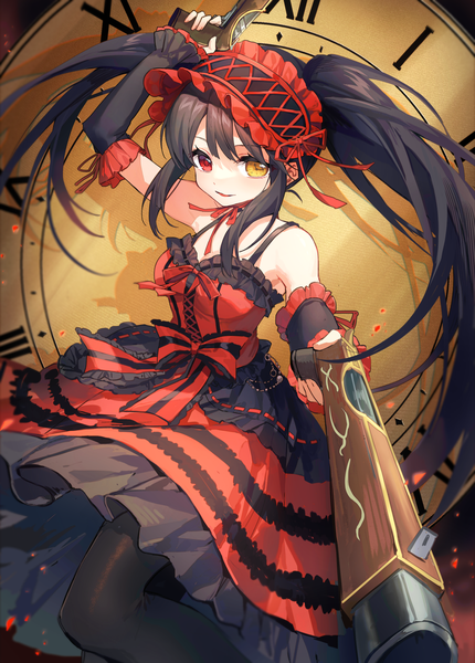 Anime picture 1900x2650 with date a live tokisaki kurumi yunweishukuang single long hair tall image looking at viewer fringe highres black hair twintails payot heterochromia symbol-shaped pupils frilled dress lolita fashion girl dress weapon detached sleeves