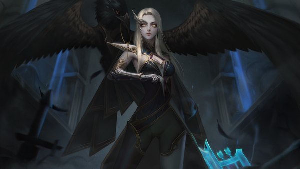 Anime picture 1920x1080 with league of legends quinn (league of legends) thaumazo single long hair looking at viewer highres breasts blonde hair wide image standing yellow eyes lips mole mole under eye ass visible through thighs grey skin girl animal armor