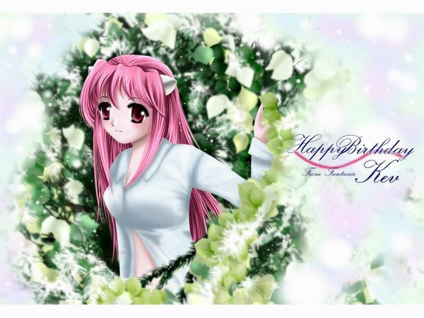 Anime picture 1024x768 with elfen lied arms corporation lucy single long hair fringe red eyes payot pink hair long sleeves arm up light smile inscription open shirt happy birthday girl shirt white shirt leaf (leaves)