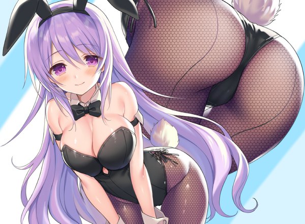Anime picture 1200x881 with original yuuki rika long hair looking at viewer fringe breasts light erotic simple background hair between eyes large breasts standing purple eyes bare shoulders animal ears cleavage purple hair tail animal tail leaning bunny ears