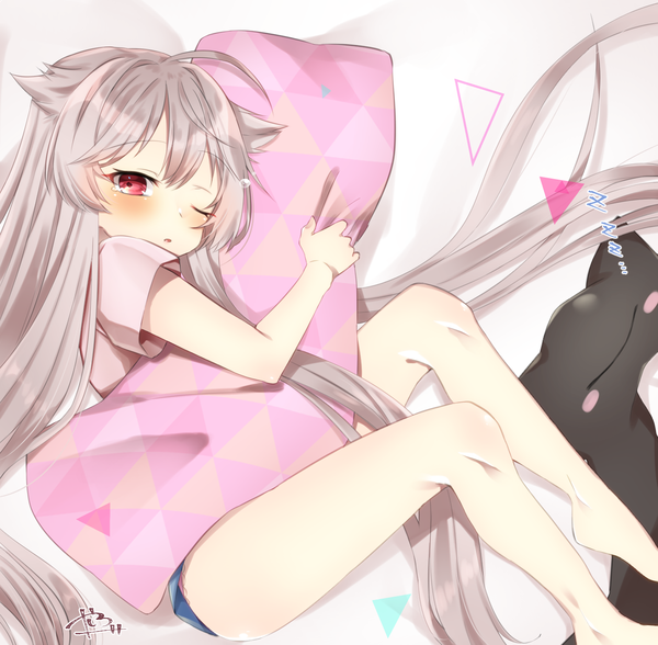 Anime-Bild 1300x1276 mit original abe suke single looking at viewer blush fringe red eyes signed payot silver hair ahoge lying very long hair parted lips one eye closed barefoot bare legs short sleeves tears on side