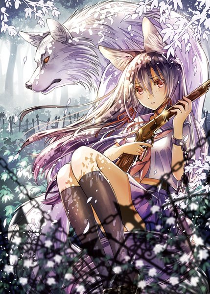 Anime picture 715x1000 with original akisaki rio single long hair tall image looking at viewer blush fringe hair between eyes red eyes sitting holding animal ears payot looking away purple hair bent knee (knees) outdoors tail head tilt