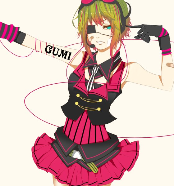 Anime picture 2800x3000 with vocaloid gumi yurica single tall image fringe highres short hair simple background standing white background green eyes multicolored hair tattoo sleeveless clenched teeth alternate color girl skirt gloves