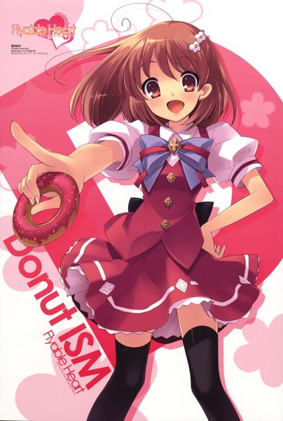 Anime picture 3567x5289 with flyable heart inaba yui itou noiji single tall image looking at viewer blush highres short hair open mouth red eyes brown hair absurdres ahoge scan hand on hip pointing girl thighhighs uniform