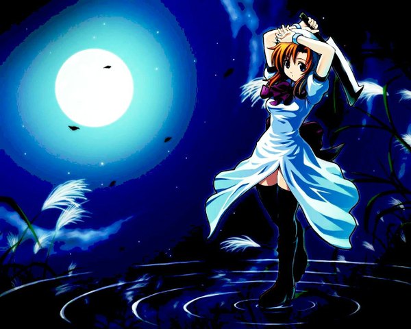 Anime picture 1280x1024 with higurashi no naku koro ni studio deen ryuuguu rena single looking at viewer breasts purple eyes orange hair night arms up short sleeves zettai ryouiki puffy sleeves night sky thighs glow girl dress bow weapon