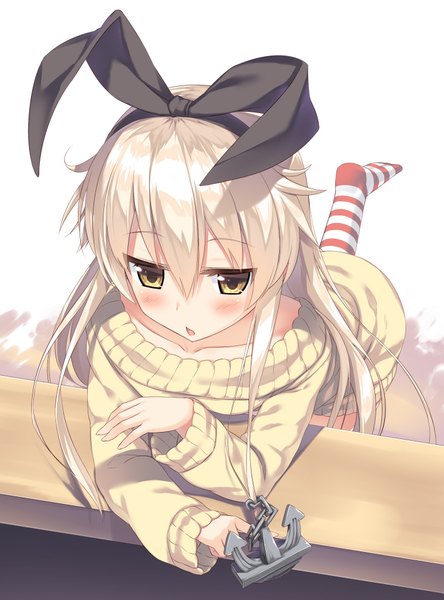 Anime picture 1518x2049 with kantai collection shimakaze destroyer olive (laai) single long hair tall image blush fringe open mouth blonde hair hair between eyes standing yellow eyes looking away alternate costume standing on one leg leg lift (legs lift) girl thighhighs hair ornament
