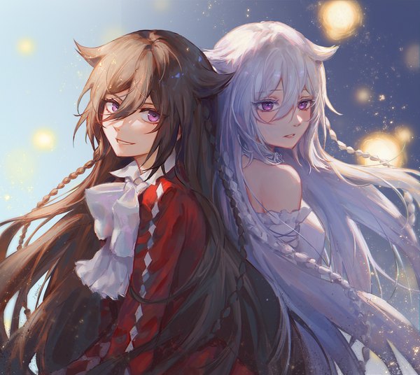 Anime picture 1920x1716 with pandora hearts xebec alice (pandora hearts) will of the abyss zieru long hair looking at viewer fringe highres smile hair between eyes brown hair purple eyes multiple girls silver hair upper body braid (braids) back to back girl 2 girls
