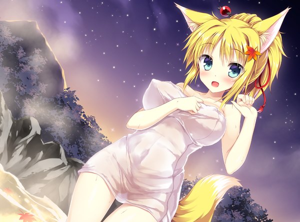Anime picture 1000x741 with dog days yukikaze panettone tateha (marvelous grace) single looking at viewer blush fringe short hair breasts open mouth blue eyes light erotic blonde hair large breasts standing bare shoulders animal ears ponytail tail animal tail