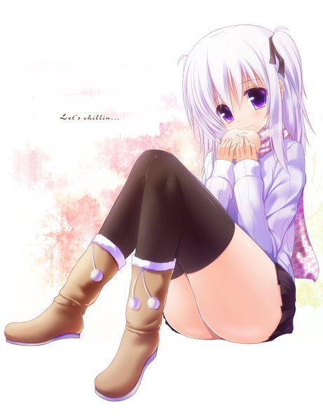 Anime picture 1000x1300 with original syroh single tall image short hair light erotic sitting purple eyes white hair eating girl thighhighs skirt black thighhighs miniskirt food boots scarf sweater