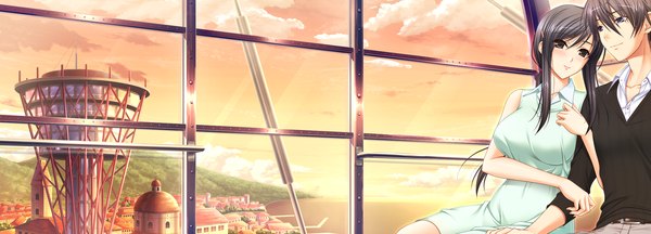 Anime picture 2132x768 with walkure romanze hiiragi ayako long hair blush highres short hair black hair smile wide image game cg sky cloud (clouds) black eyes couple evening sunset girl dress boy