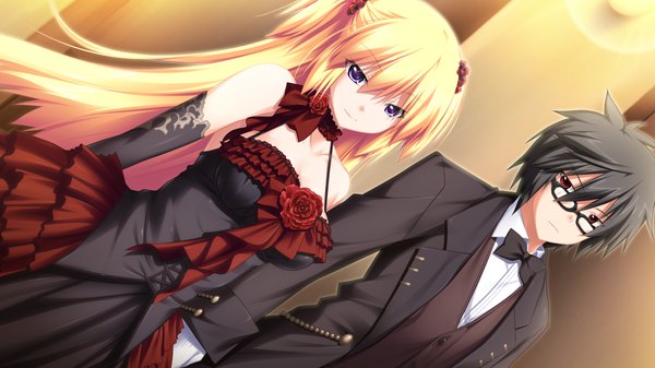 Anime picture 1024x576 with soukoku no arterial long hair short hair black hair blonde hair red eyes wide image purple eyes game cg girl dress boy gloves glasses elbow gloves suit