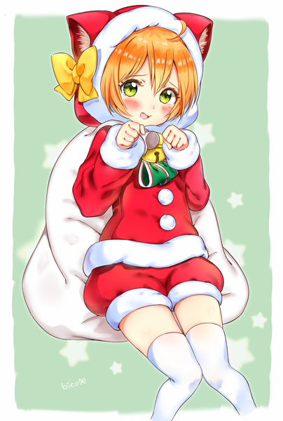 Anime picture 1000x1483 with love live! school idol project sunrise (studio) love live! hoshizora rin bico (bicoris) single tall image blush fringe short hair open mouth smile hair between eyes sitting green eyes signed ahoge long sleeves :d orange hair