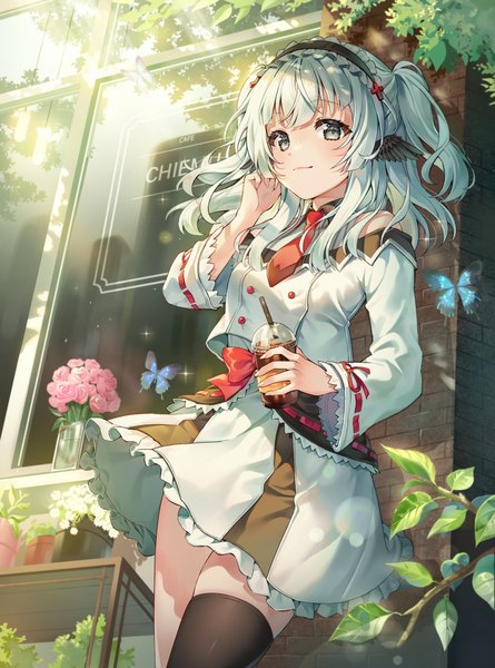 Anime picture 3000x4042 with virtual youtuber indie virtual youtuber chiem (vtuber) pongu single long hair tall image looking at viewer highres smile standing holding outdoors white hair arm up wind blurry off shoulder wide sleeves sparkle
